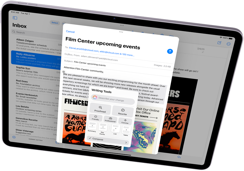 Vaakasuuntainen iPad Air, jossa esillä Apple Intelligence, kirjoitustyökalut ja Mail