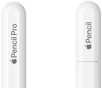 Apple Pencil Pro, pyöristetystä päästä kaiverrettu Apple Pencil Pro, Apple Pencil USB-C, tulpasta kaiverrettu Apple Pencil.
