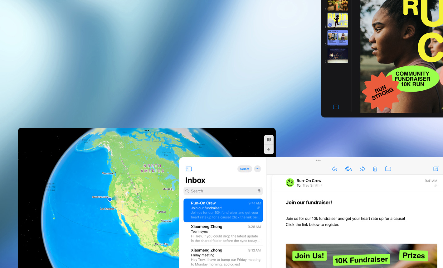 Useita näyttöjä, joilla on käytössä erilaisia appeja, vaakasuunta