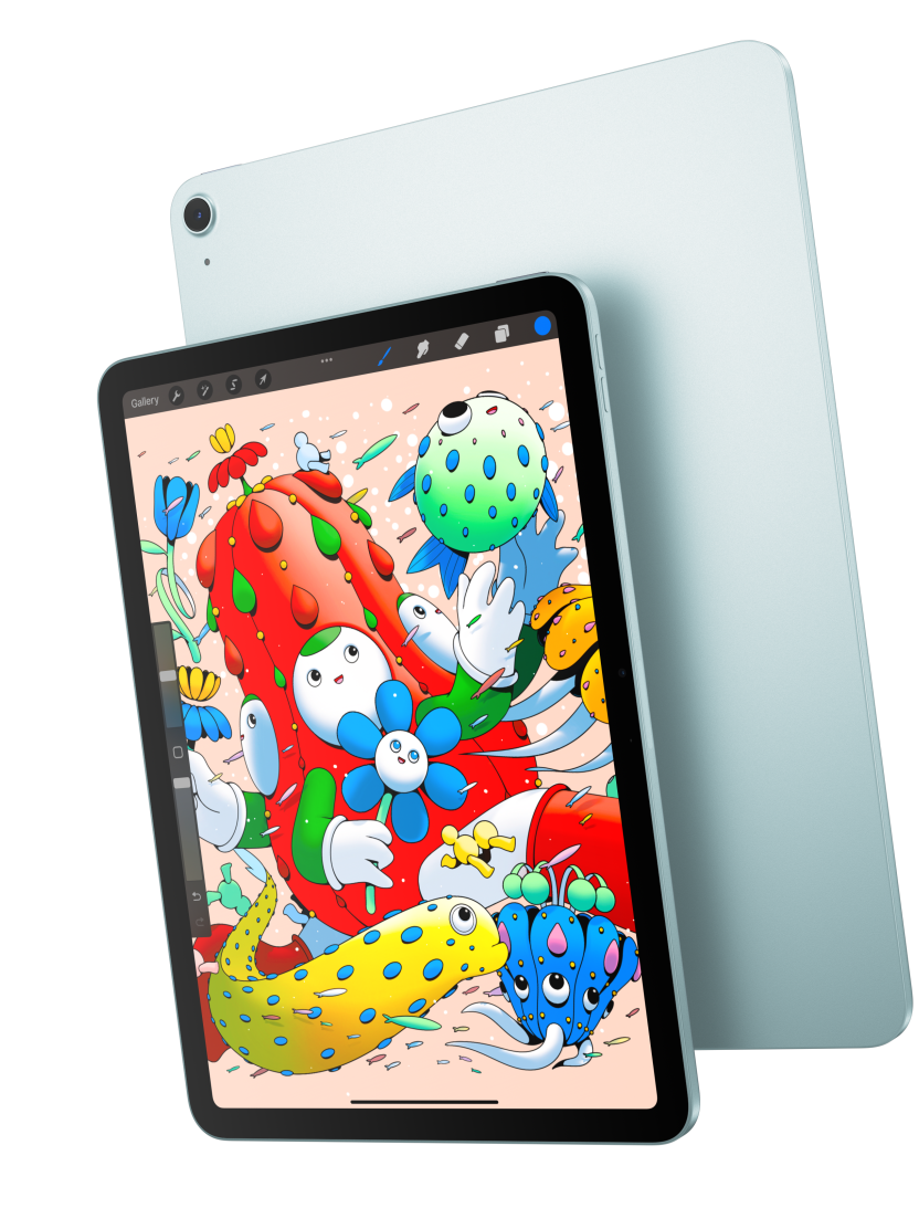 Etupuoli, 11 tuuman iPad Air ‑mallissa esillä Procreate, menee päällekkäin sinisen iPad Airin taustapuolen kanssa