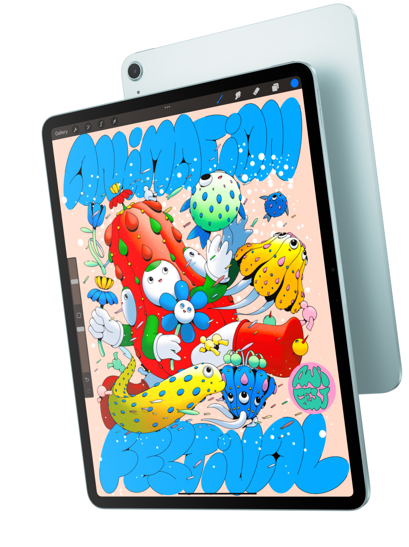 Etupuoli, 13 tuuman iPad Air ‑mallissa esillä Procreate, menee päällekkäin sinisen iPad Airin taustapuolen kanssa
