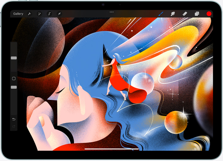 iPad Air vaakasuunnassa, näytöllä näkyy kuvitus Procreate-apissa