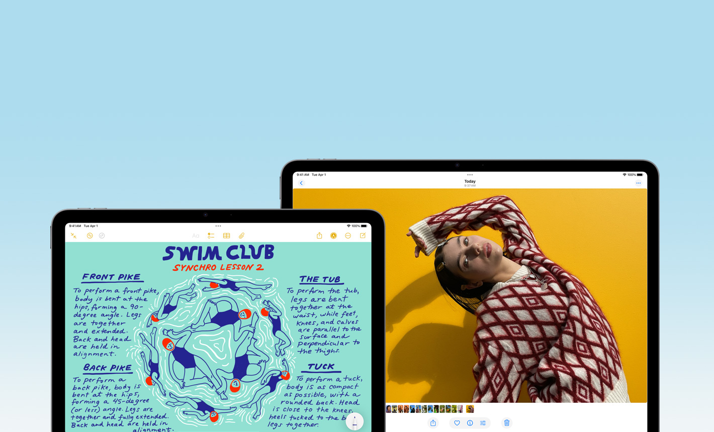 11 tuuman iPad Airin etupuolella esillä Muistiinpanot ja 13 tuuman iPad Airin etupuolella esillä Kuvat, esittelyssä erikokoiset näytöt