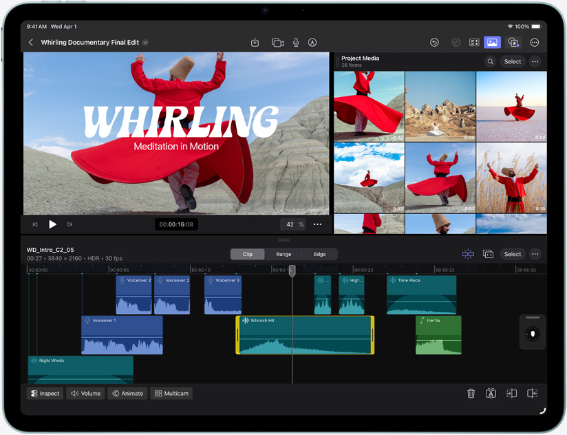 iPad Air 的機身正面，展示正以 Final Cut Pro 剪輯影片