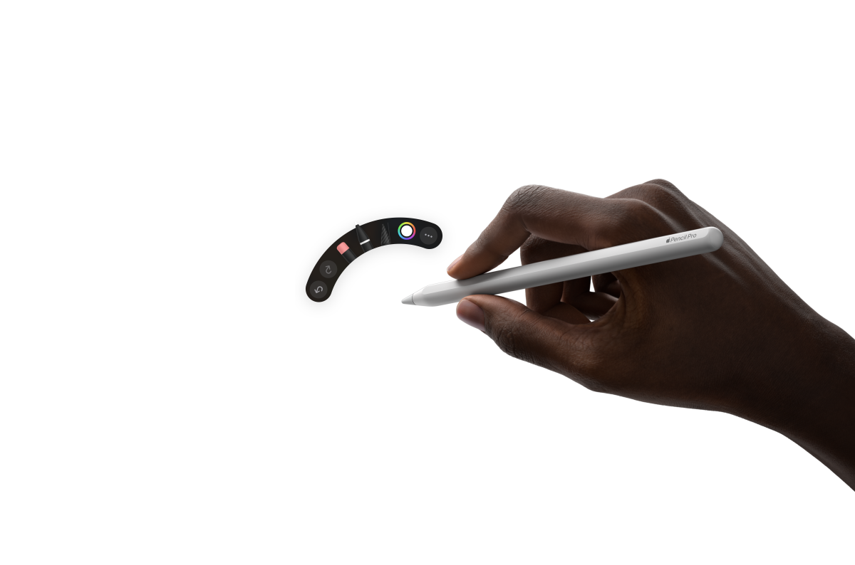 iPad Air 的機身正面，一隻手拿著 Apple Pencil Pro 在一款 app 上繪畫插圖，並寫上筆記
