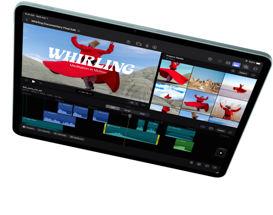 橫向的 iPad Air，螢幕上正以 Final Cut Pro 剪輯影片