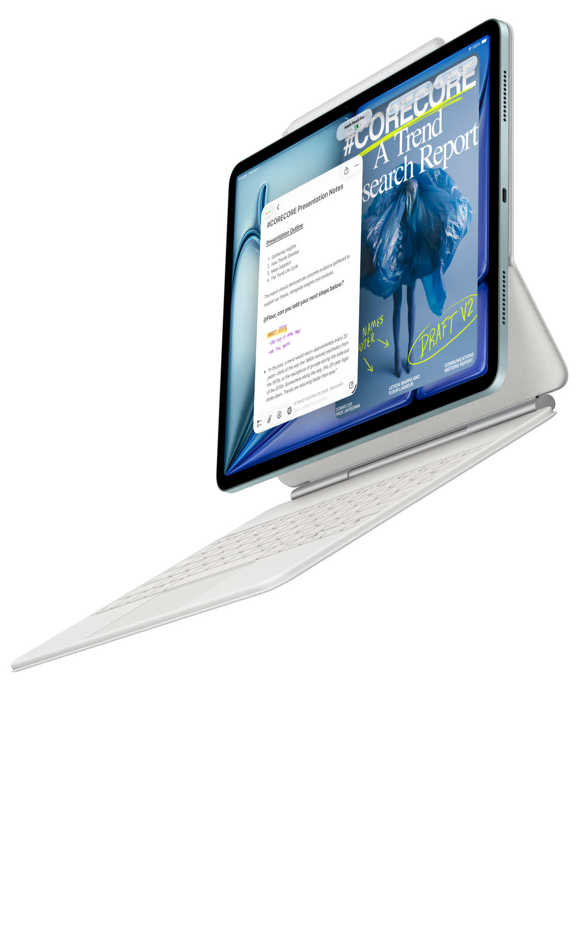iPad Air 貼合至適用於 iPad Air 的精妙鍵盤和 Apple Pencil Pro
