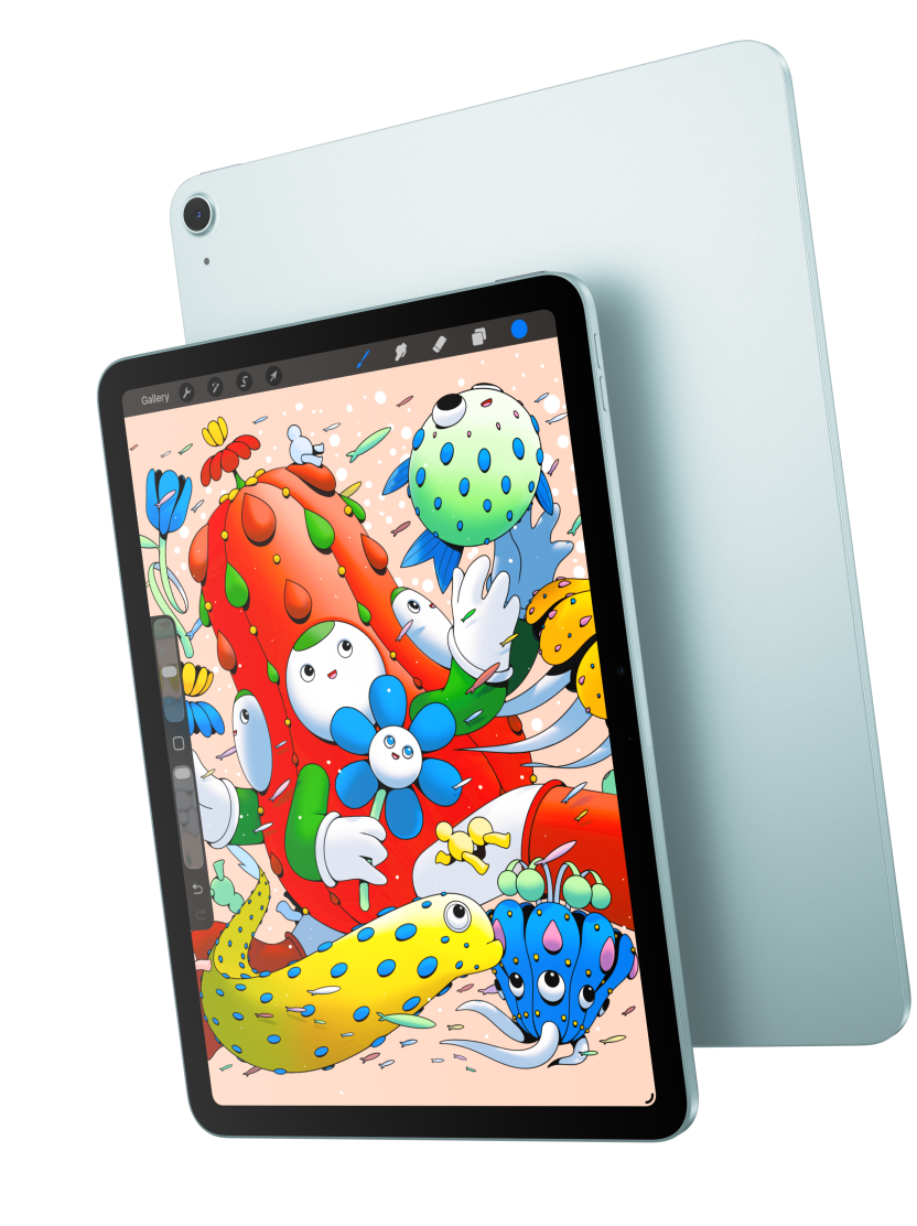 展示 11 吋 iPad Air 的正面，螢幕顯示一款 app，與背靠著的藍色 iPad Air 背面機身位置重疊