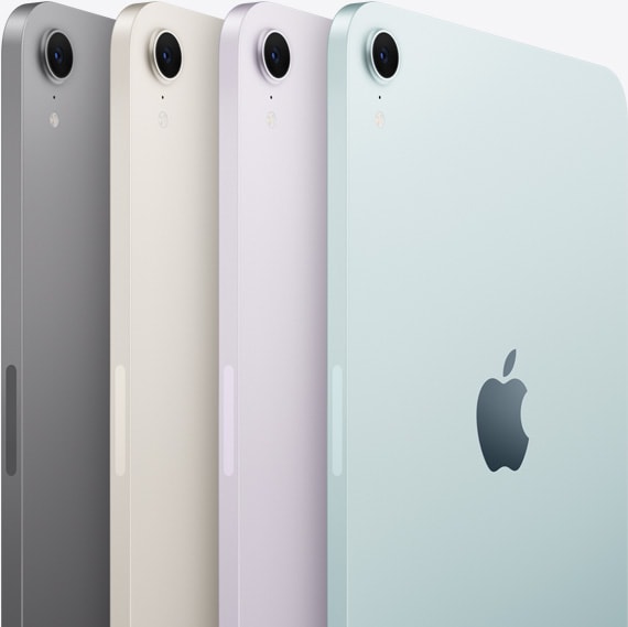 Baksidan och kameran på fyra iPad mini-modeller visas i alla tillgängliga färger: rymdgrått, stjärnglans, lila och blått.