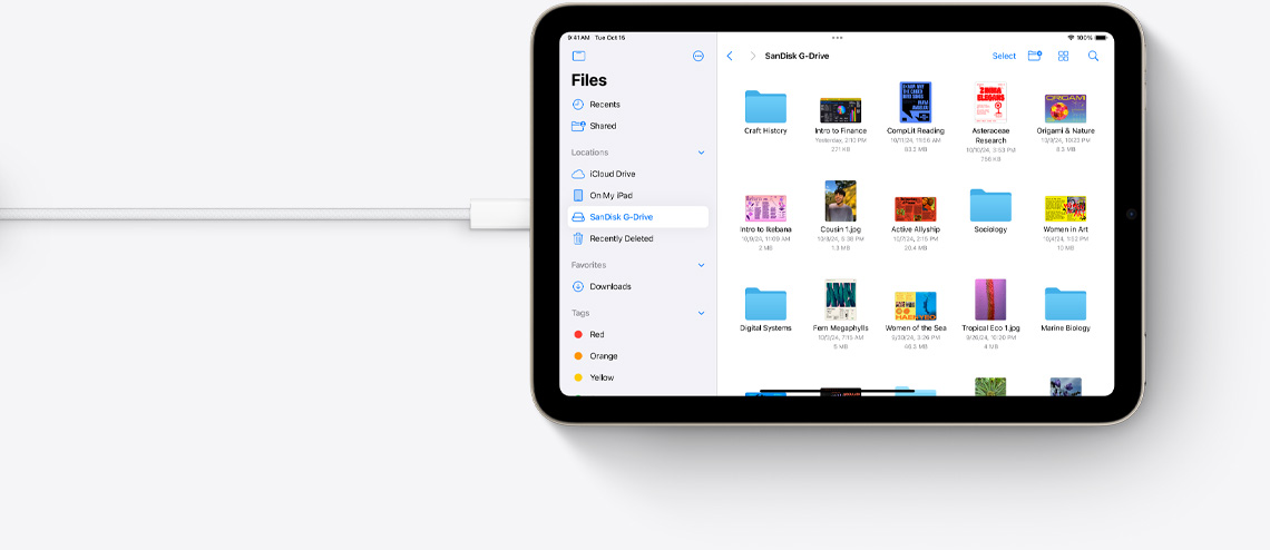 Soubory na iPadu mini v orientaci na šířku a s připojeným USB‑C kabelem.