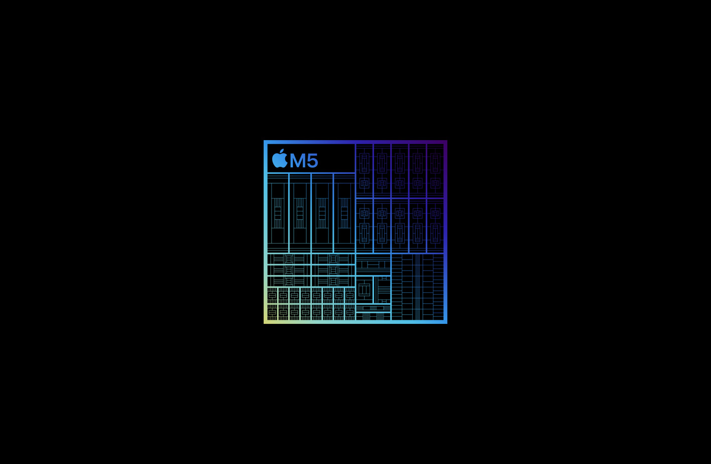 Ein Rendering der vergrößerten Architektur des M5 Chip in Grün-, Blau- und Violetttönen mit komplizierten Schaltkreisen, verschiedenen Komponenten und Anschlüssen