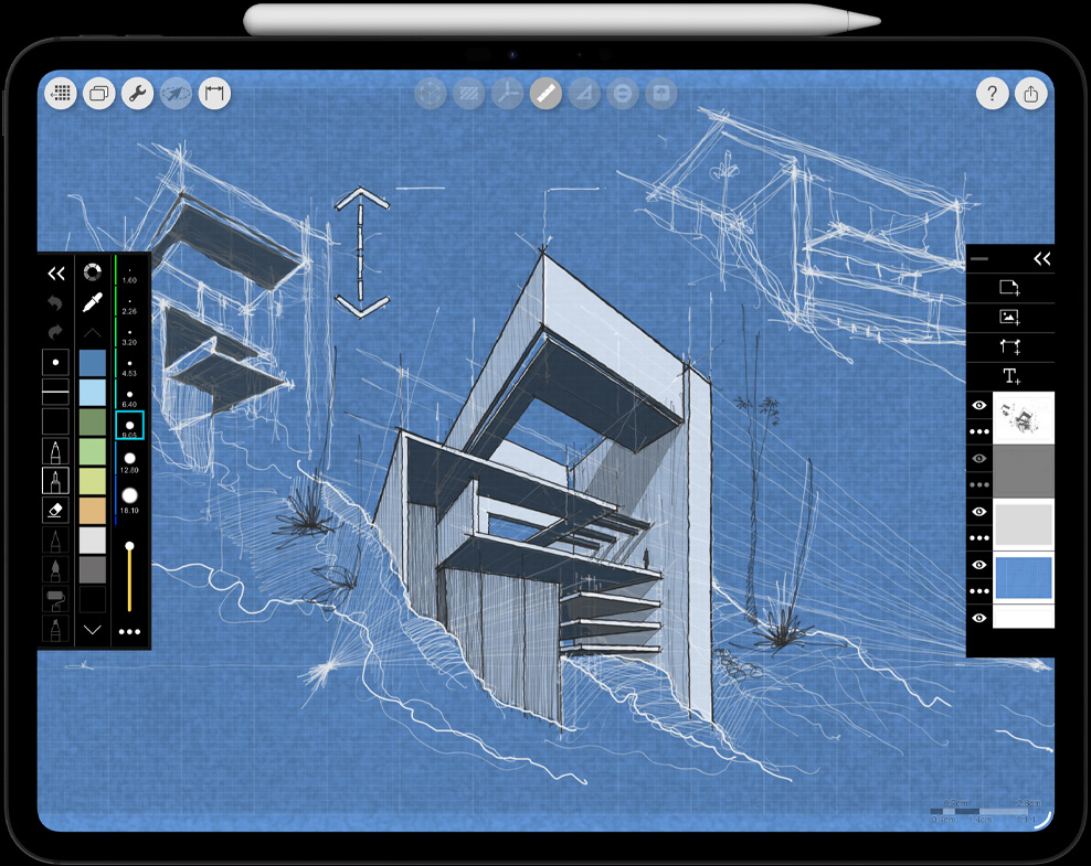 iPad Pro, Vorderansicht, Querformat, Farbe Space Schwarz, der Apple Pencil Pro liegt auf dem iPad Pro, Seitenansicht, Querformat, Farbe Weiss, das Display zeigt eine Architekturzeichnung mit Effekten und Tools, die in den Menüs links und rechts geöffnet sind