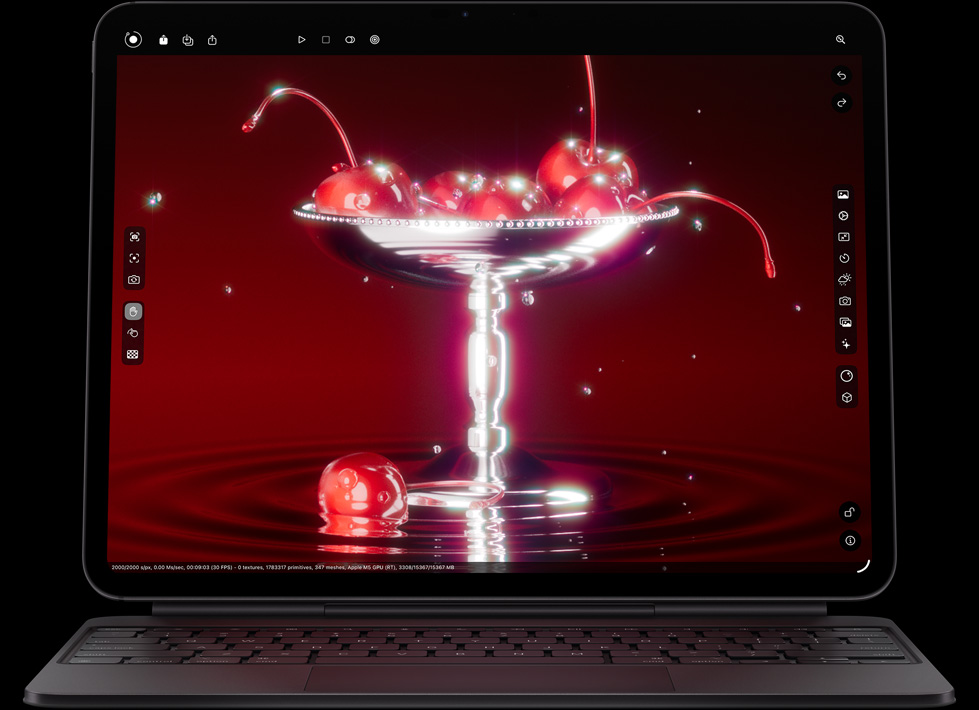 iPad Pro, Querformat, Vorderansicht, Farbe Space Schwarz, gerundete Ecken, schwarzer Displayrand, befestigt am Magic Keyboard im Querformat, Vorderansicht, Farbe Schwarz, auf dem Display wird eine Fotobearbeitungsapp mit einem brillanten Bild von Kirschen in einer Martiniglas förmigen Schüssel mit Wassertropfen gezeigt