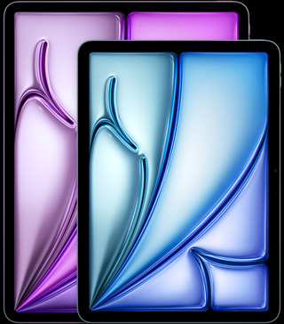 13” iPad Air, 11” iPad Air, Hochformat, Vorderseite, gerundete Ecken, schwarzer Displayrand, die Displays zeigen abstrakte Formen in Pink, Grün und Blau