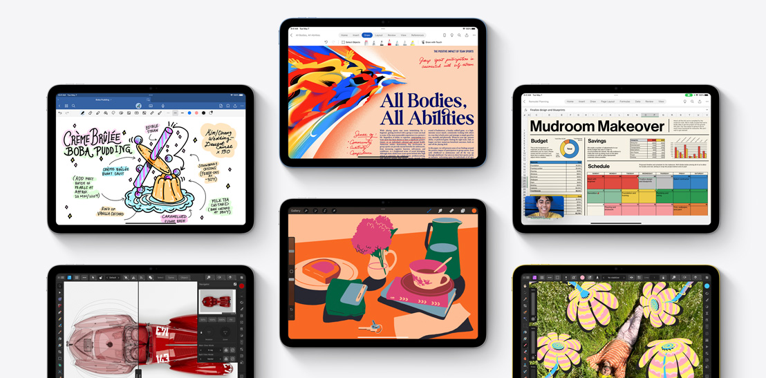 Une collection de six iPad différents met en avant diverses apps, dont Goodnotes 6, Affinity Designer 2, Microsoft Word, Procreate, Microsoft Excel et Affinity Photo 2.