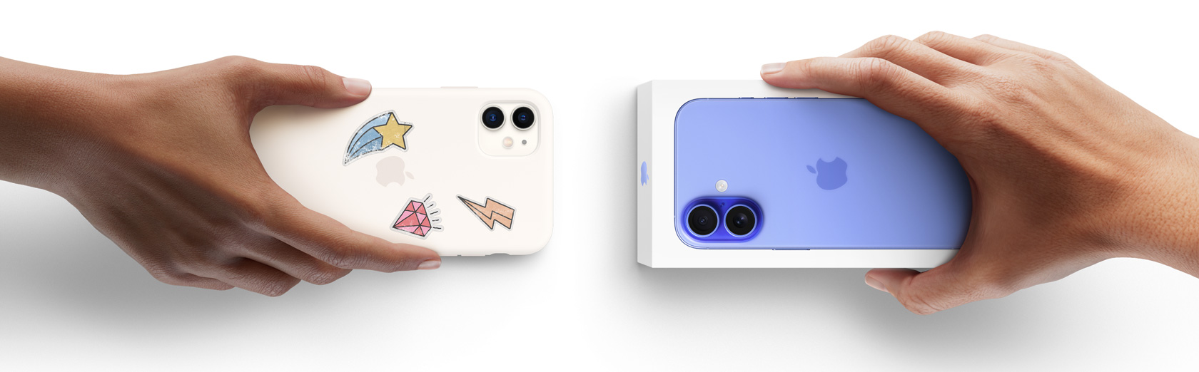 มือกำลังแลกเปลี่ยน iPhone เป็น iPhone 16 ใหม่ที่มาในกล่อง