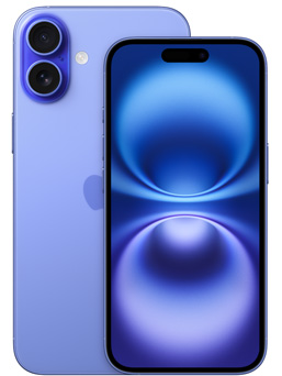 Vorderseite eines iPhone 16 in Ultramarin und Teilansicht der Rückseite eines iPhone 16 Plus, die die Kamera zeigt.