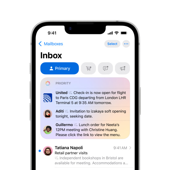 Teilansicht eines iPhone 16e Displays, das Priorisierte Nachrichten in Mail zeigt.