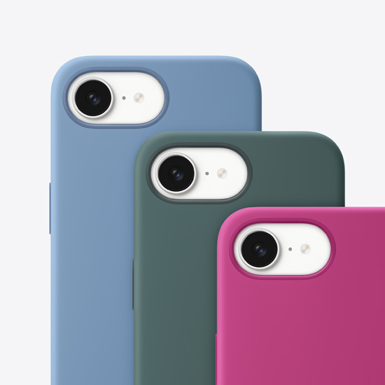 Rückansicht von iPhone 16e Silikon Cases in Winterblau, Seegrün und Fuchsia.