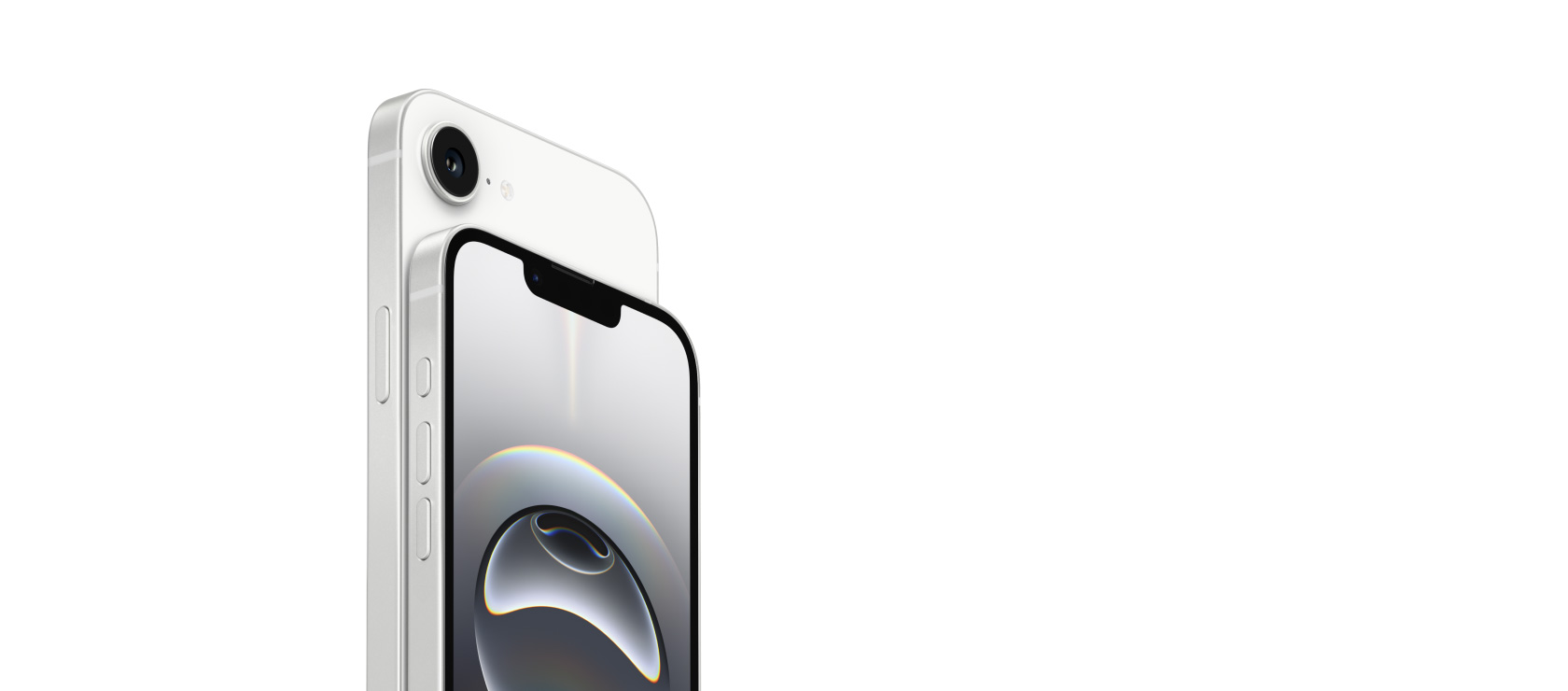 iPhone 16eの前面の一部分と背面。それぞれRetinaディスプレイとカメラを見せている