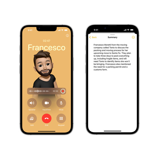شاشات لأجهزة iPhone 16e مع ملخص لمكالمة هاتفية معروضة في تطبيق الملاحظات تم إنشاؤها من قبل Apple Intelligence‏.