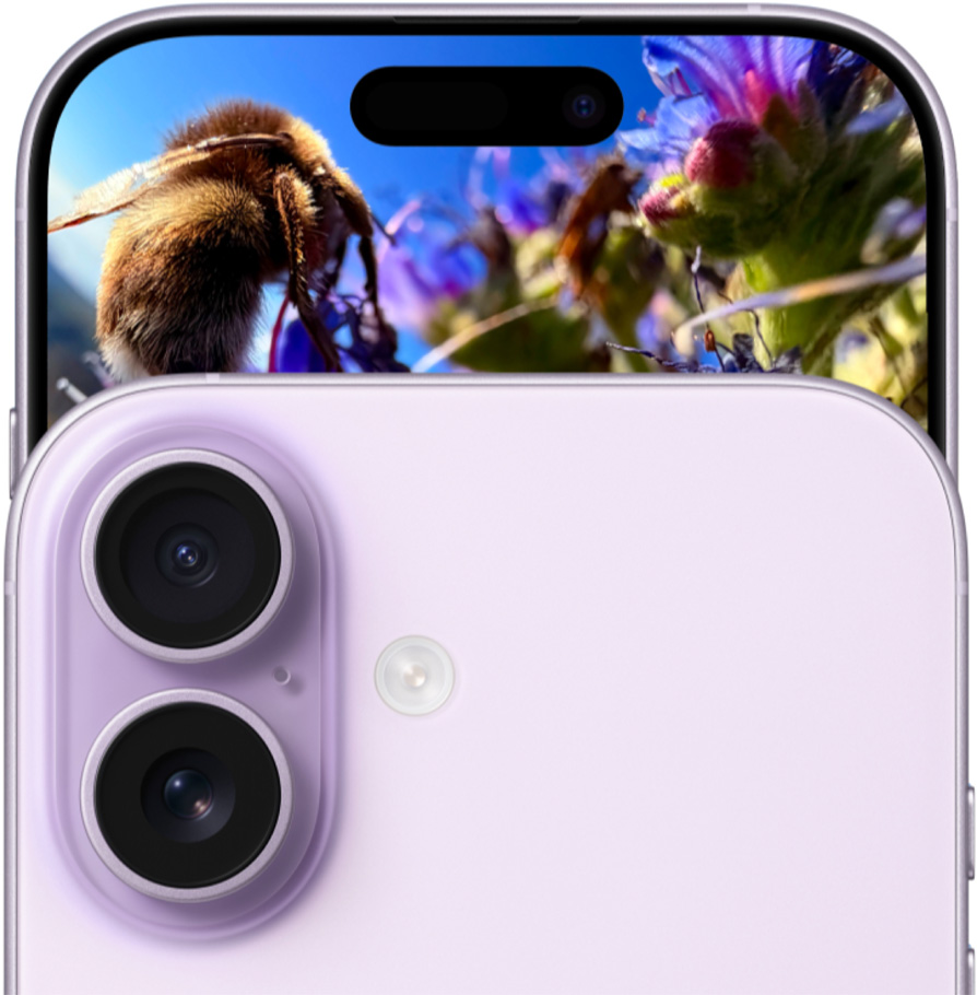 iPhone 17, pohled zepředu, dvojitá Fusion fotosoustava, pohled zezadu, levandulová barva