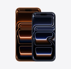 iPhone 17 Pro Max, pohled zepředu, kosmicky oranžová barva, iPhone 17 Pro, pohled zepředu, temně modrá barva