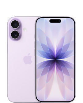 iPhone 17, pohled zezadu, levandulová barva, vlevo nahoře dvojitá Fusion fotosoustava, uprostřed logo Apple, pohled zepředu, levandulová barva, nahoře uprostřed Dynamic Island