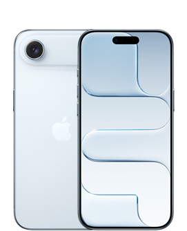 iPhone Air, pohled zezadu, blankytně modrá barva, nahoře Fusion fotosoustava, uprostřed logo Apple, pohled zepředu, blankytně modrá barva, nahoře uprostřed Dynamic Island