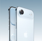 iPhone Air, Sky Blue colour, back angled exterior, Fusion camera system in plateau at top, Camera Control button, front side exterior, all screen design, action and volume buttons