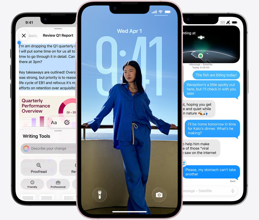 Three iPhone 17e devices, showing Messages app sending messages via satellite, Lock Screen showing a photo of a person and a calendar event notification, and screenshot featuring Apple Intelligence in use