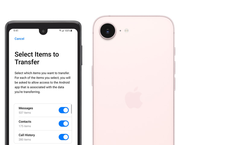 A front view of an Android smartphone and a rear view of a soft pink iPhone 17e