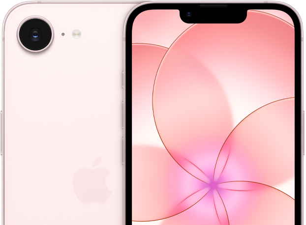 iPhone 17e, Vorderseite, Farbe Hellrosa, Teilansicht der Rückseite eines iPhone 17e und dessen Kamera