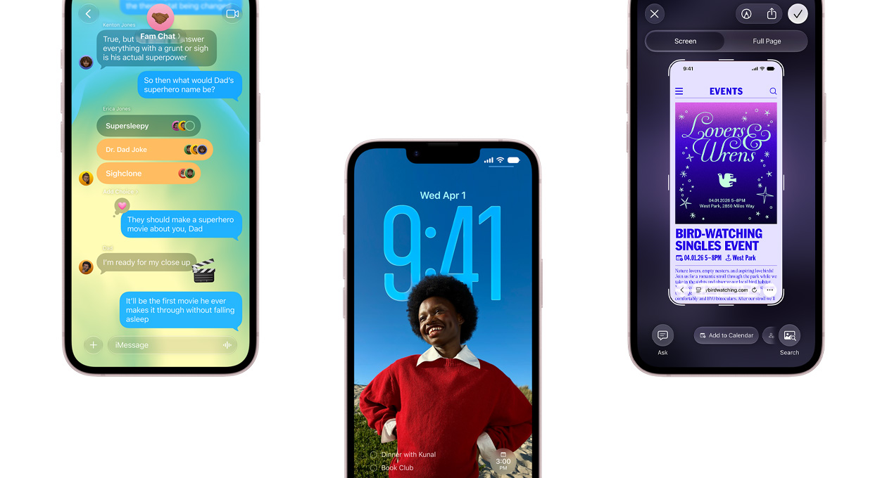 Three iPhone 17e devices, the left screen displaying a conversation in iMessages app, center screen showing the lock screen with a portrait of a person smiling, calendar and time apps behind them, right screen showing an event creation interface