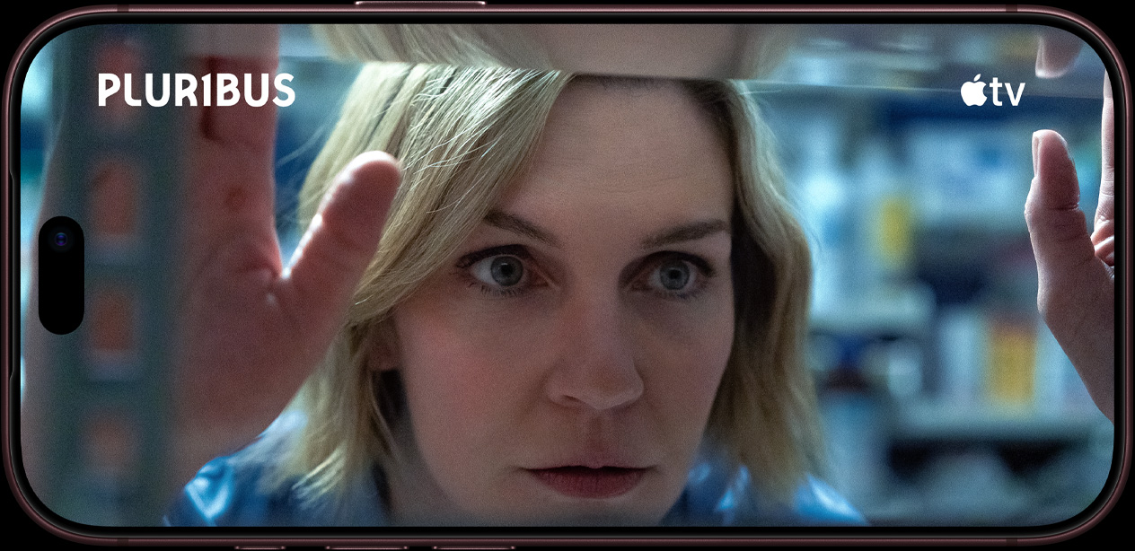 iPhone 18 Pro in burgundy showcases Apple TV content in horizontal mode, Apple TV logo, series title: Pluribus