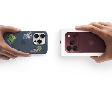 Hands exchanging trade-in Android phone for new Burgundy iPhone 18 Pro in the box.