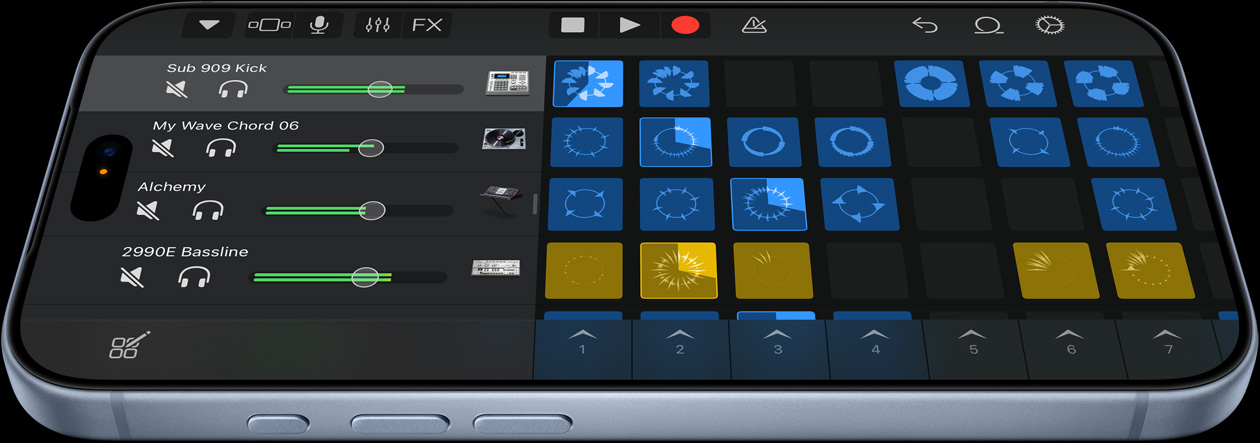 iPhone 18 Pro in de kleur Gletsjer met de gebruikersinterface van de muziekproductie-app Logic Pro