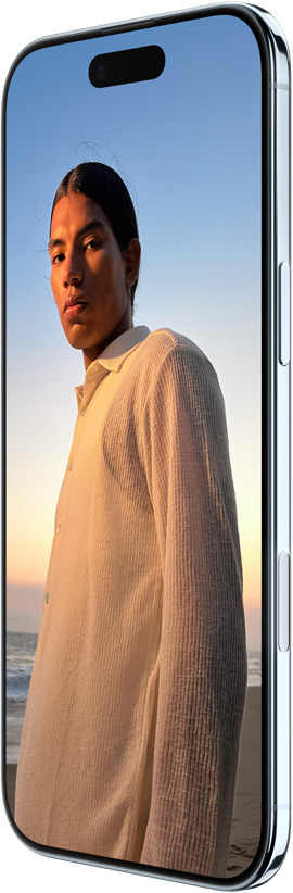 iPhone Air, eksterior depan, eksterior samping, desain layar sepenuhnya, Dynamic Island di bagian atas, tombol samping, tombol Kontrol Kamera