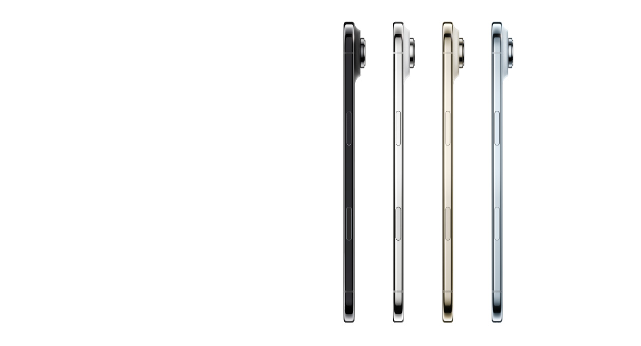 iPhone Air, eksterior samping, warna: Biru Langit, Emas Muda, Putih Awan, dan Hitam Angkasa, bentuk sangat tipis, sistem kamera Fusion, tombol: samping, Kontrol Kamera