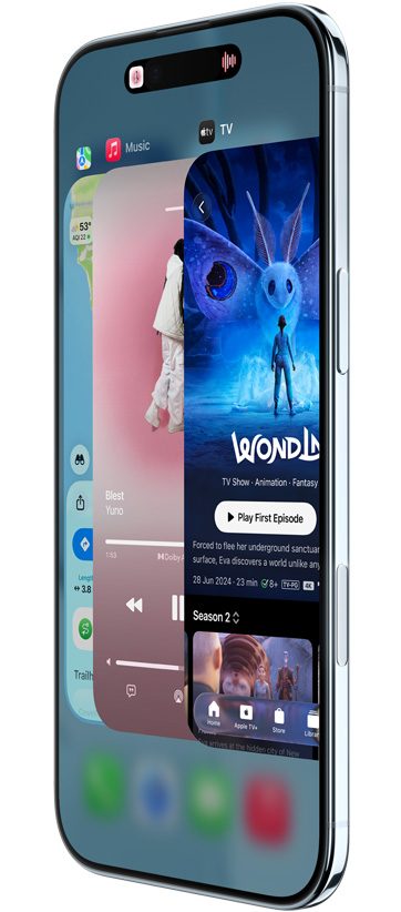 iPhone Air, eksterior depan, eksterior samping, dengan aplikasi Peta, Musik, dan Apple TV+, menampilkan fitur Pengalih App yang digunakan