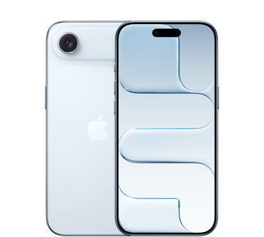 상단의 Fusion 카메라 시스템, 중앙의 Apple 로고가 보이는 스카이 블루 색상 iPhone Air의 뒷면, 상단 중앙의 Dynamic Island가 보이는 스카이 블루 색상 iPhone Air의 앞면