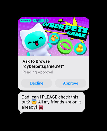 cyberpetsgame.net의 화면 캡처가 포함된 문자 메시지가 표시된 화면. 그래픽 아래에 거절 및 승인 버튼이 있고, ‘아빠, 이것 좀 봐줄 수 있어? 내 친구들은 벌써 다 하고 있어’라는 텍스트가 보입니다.