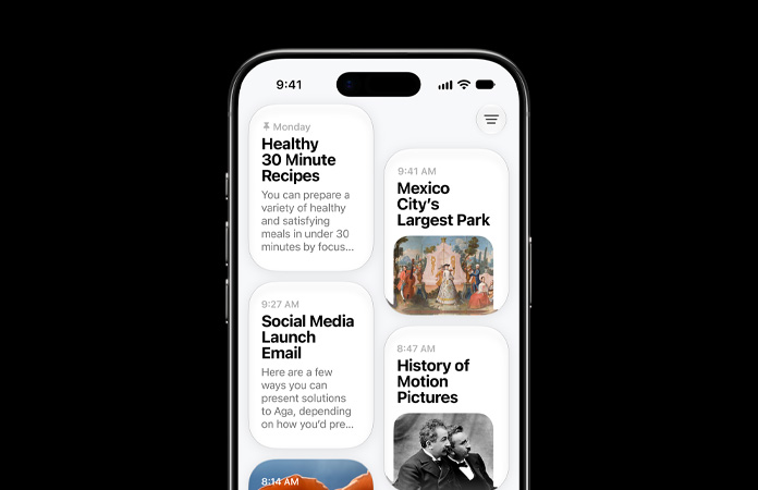 iPhone Air 모델의 화면. Siri 앱에 Siri AI 대화들이 표시되어 있습니다. 내용은 각각 건강 요리 30분 레시피, 멕시코시티에서 가장 큰 공원, 소셜 미디어 출시 이메일, 영화의 역사, 꾀꼬리버섯, 희귀 안료 설명입니다