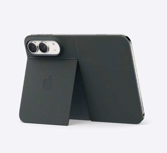 iPhone Duo, Star White colour, propped up with the Navy Blue Folio with Kickstand, fully opened horizontally, back exterior featuring the 48MP Dual Fusion rear cameras, two lenses
