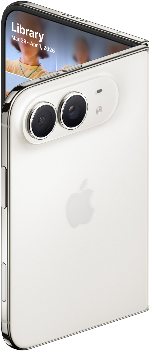 iPhone Duo, Star White color, slightly open, back exterior, 48MP Dual Fusion rear cameras in top corner, two lenses, microphone, flash