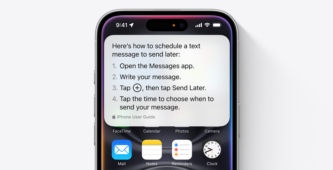 ユーザーが探していた情報について回答するSiriからのテキストが、ポップアップで表示されている