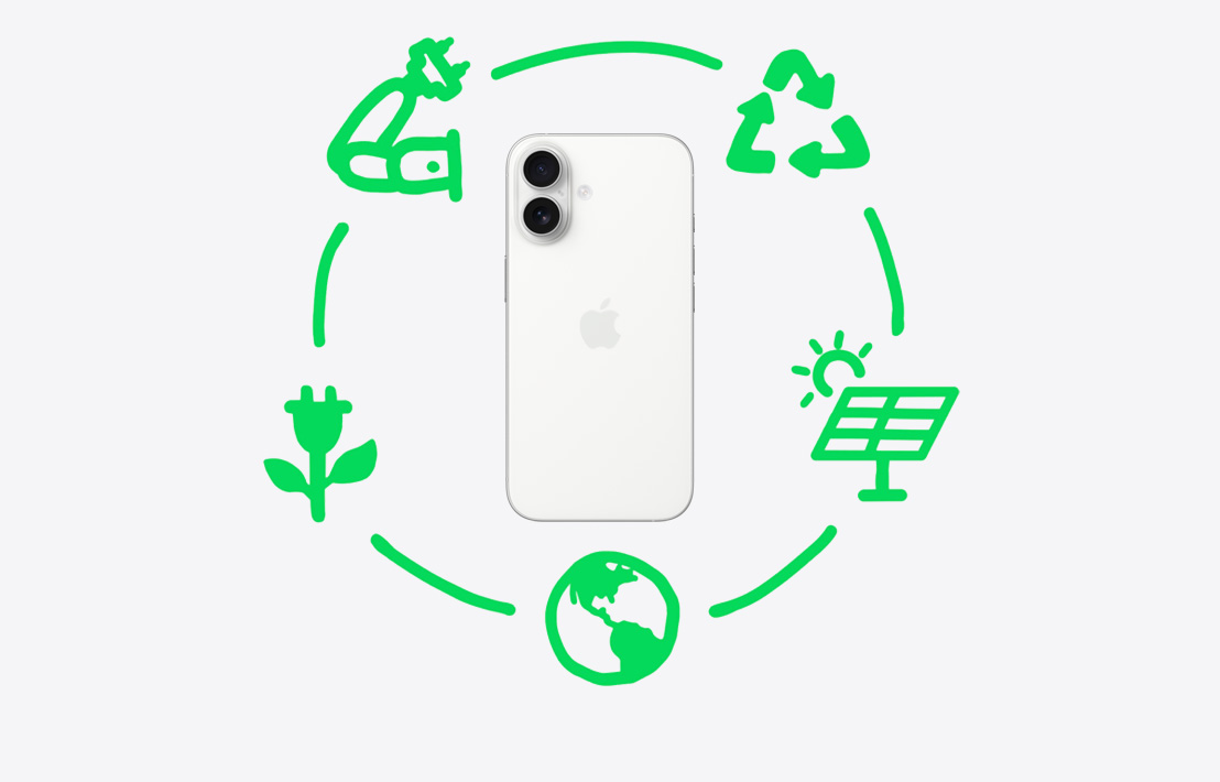 Appleによる、素材のリサイクルとリユースのステップを示すグラフィックス。設計、調達、製造、梱包、輸送、使用、回収など