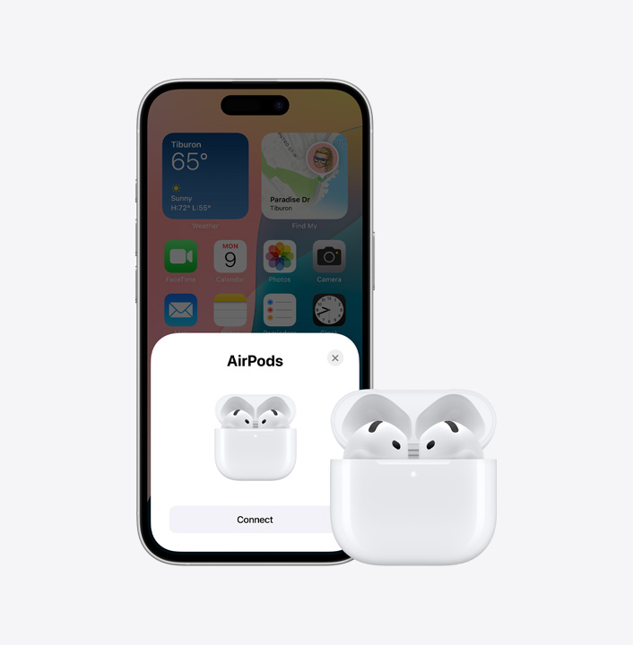 iPhone 16 is displayed along set a pair of AirPods