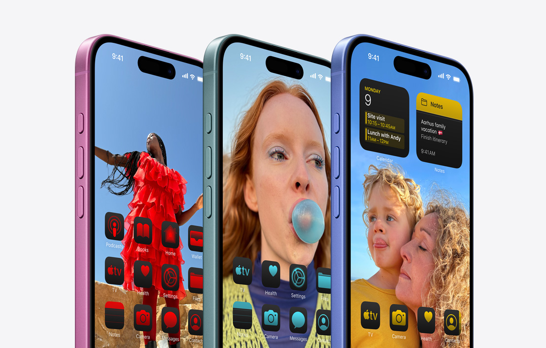 iPhone 16 screens showing images of people and the Home Screen overlayed