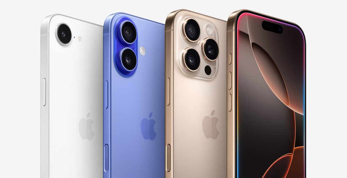 Four iPhone devices, iPhone 16 Pro in Desert Titanium color showing three camera lenses, behind another iPhone 16 Pro showing the Dynamic Island, followed by iPhone 16 in Ultramarine color showing 2 camera lenses, and iPhone 16e in white color showing one camera lens.